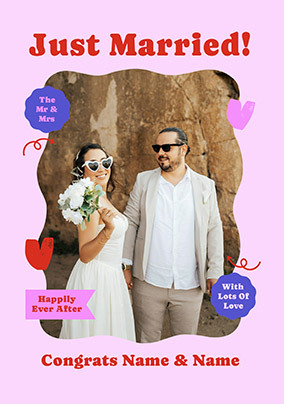 Just Married Contemporary Sticker Border Photo Card